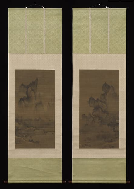Evening bell from mist-shrouded temple (left); Autumn moon over Lake Dongting (right), by An Gyeon