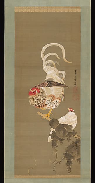 Hen and Rooster with Grapevine, by Itō Jakuchū