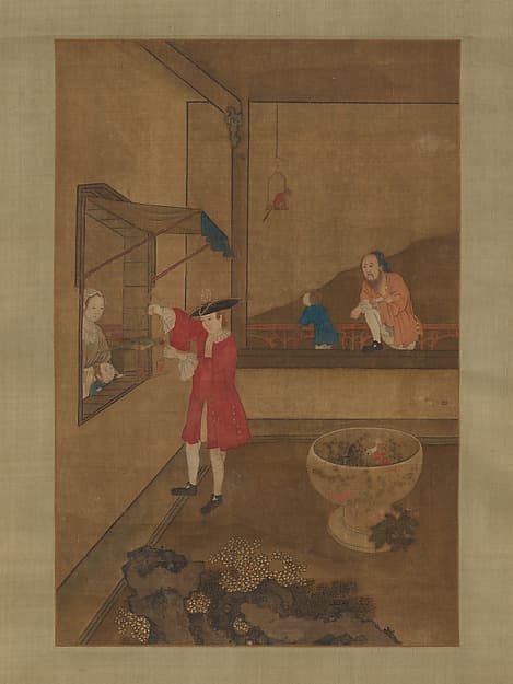 European Couple and Child Playing with Parrot, by Unidentified artist