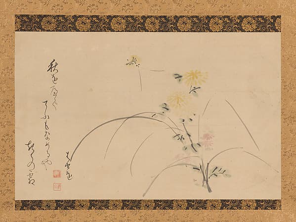 Chrysanthemums and Hokku Poem “With the Passing of Autumn”, by Matsuo Bashō
