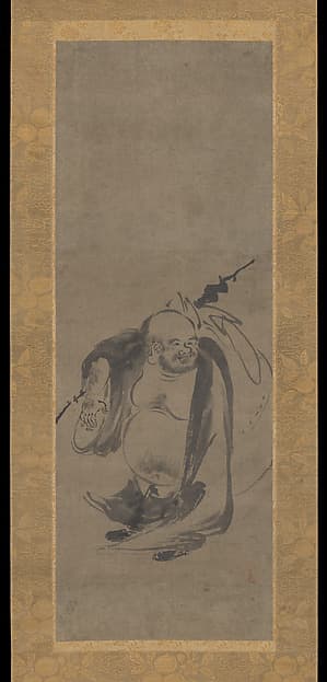 Hotei, flanked by panels of birds, by Kenkō Shōkei