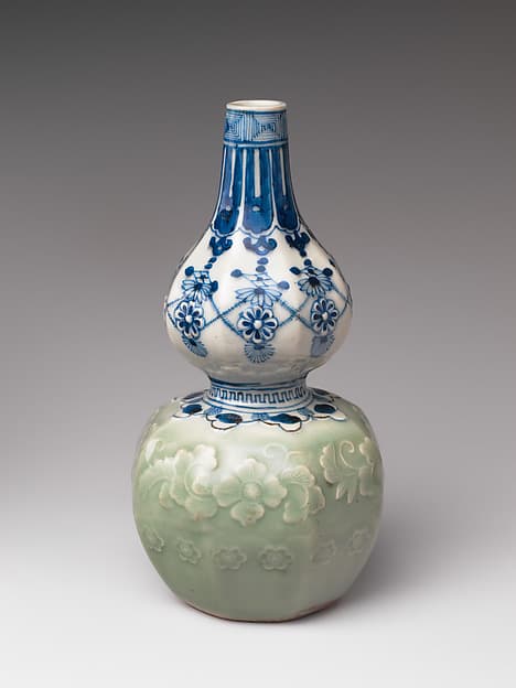 Gourd-Shaped Sake Bottle (Tokkuri) with Carved Floral Design and Jewel