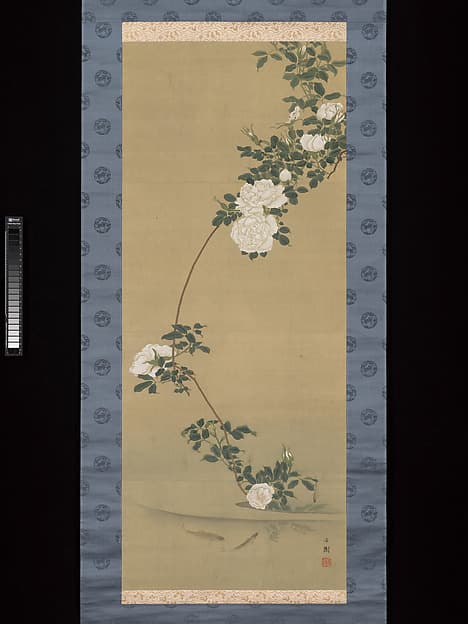 White Roses and Fish in Stream, by Nishiyama Hōen