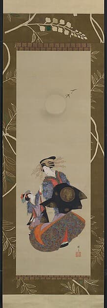 Beauty of the Yoshiwara with Apprentice in Moonlight, by Teisai Hokuba