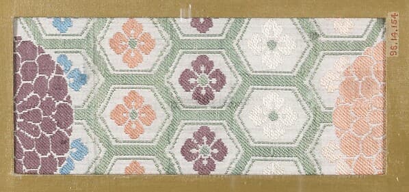 Textile fragment with pattern of chrysanthemums on hexagonal lattice (Kikkō)
