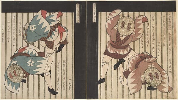 Two Men Wearing Green Coats, also Straw Hats with Brown Bows, by Yashima Gakutei