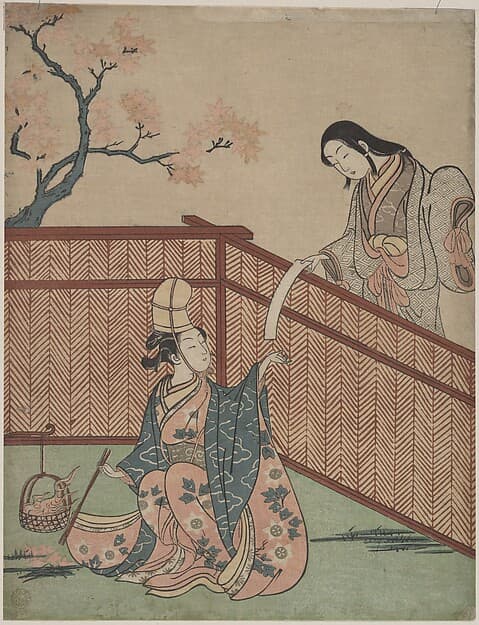 Warming the Sake by Maple Leaf Fire, by Suzuki Harunobu