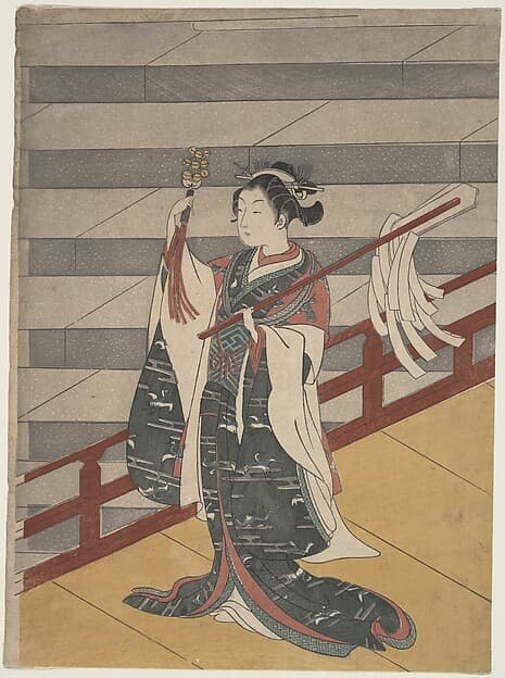 Girl on Balcony above Stone Stairway, by Suzuki Harunobu