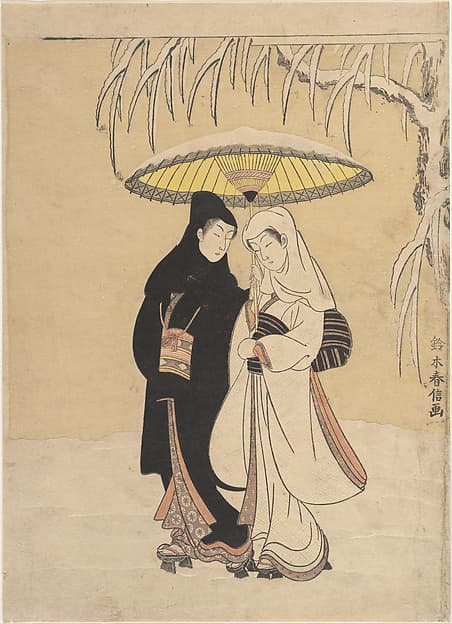 Lovers Walking in the Snow (Crow and Heron), by Suzuki Harunobu