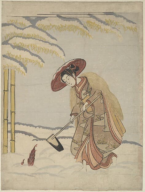 Woman Digging Bamboo Shoots in the Snow, or Parody of Meng Zong (Mōsō), from Twenty-Four Paragons of Filial Piety, by Suzuki Harunobu
