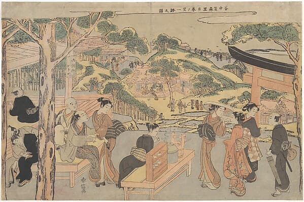 Osen of the Kagiya Teahouse at Kasamori Shrine with a View of Nippori in Yanaka, by Suzuki Harunobu