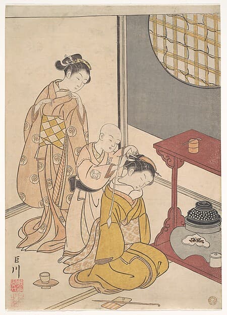 Night Rain at the Double-Shelf Stand, from the series Eight Parlor Views (Zashiki hakkei), by Suzuki Harunobu