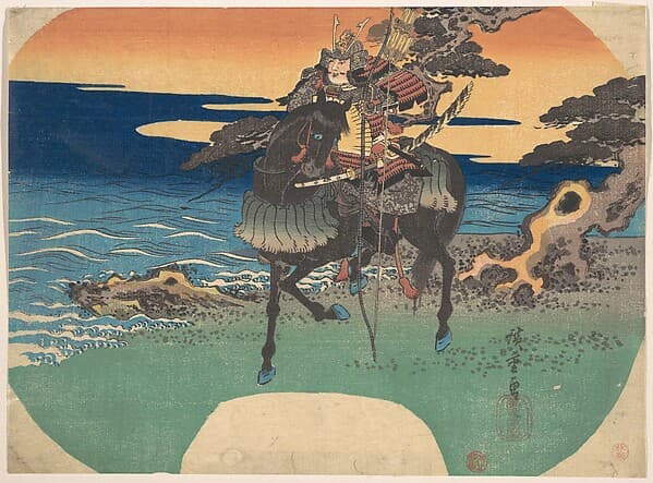 Warrior Riding Black Horse along the Sea Shore, by Utagawa Hiroshige