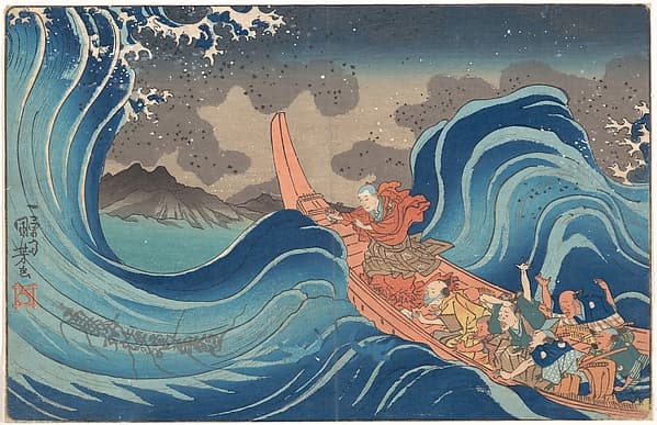 Concise Illustrated Biography of Monk Nichiren: Calming the Stormy Sea at Tsunoda in Exile to Sado Island, by Utagawa Kuniyoshi