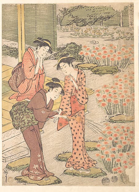 Three Young Women in a Garden where Nadeshiko Pinks are Growing, by Kuwagata Keisai