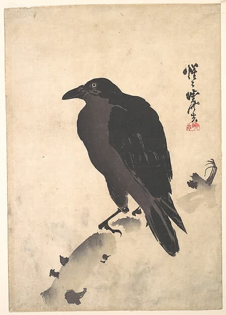 Crow Resting on Wood Trunk, by Kawanabe Kyōsai 河鍋暁斎
