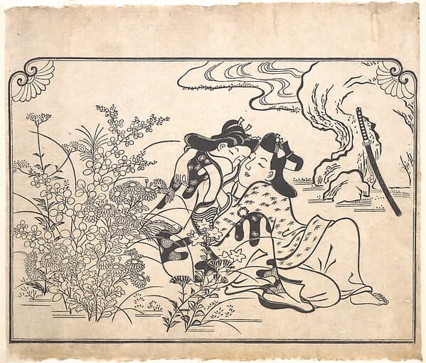 Lovers Beside Flowering Autumn Grasses, by Hishikawa Moronobu