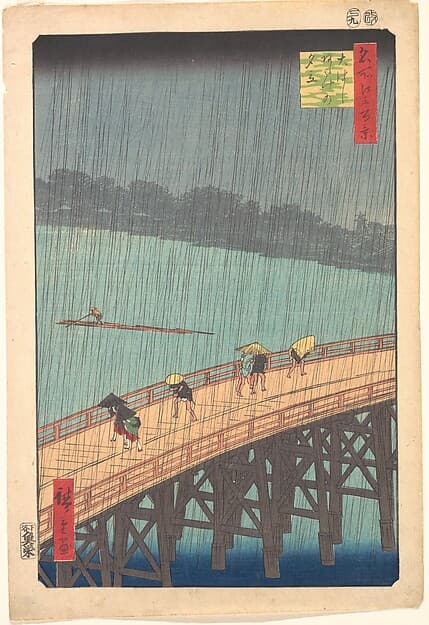 Sudden Shower over Shin-Ōhashi Bridge and Atake (Ōhashi Atake no yūdachi), from the series One Hundred Famous Views of Edo (Meisho Edo hyakkei), by Utagawa Hiroshige