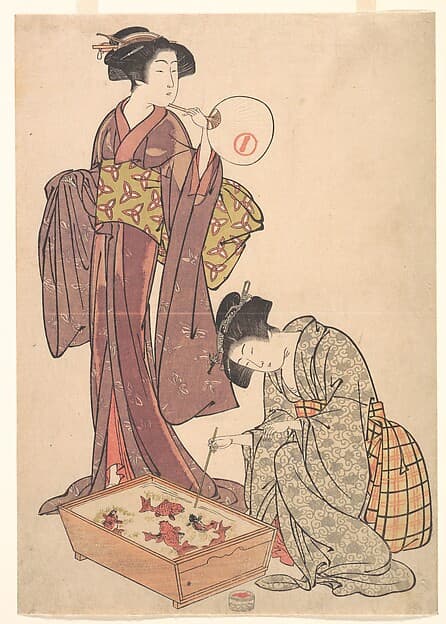 Two Women Feeding Fish, by Kitao Shigemasa