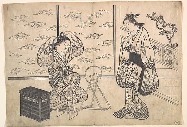 Two Women in a Room Opening on a Verandah, by Hasegawa Mitsunobu
