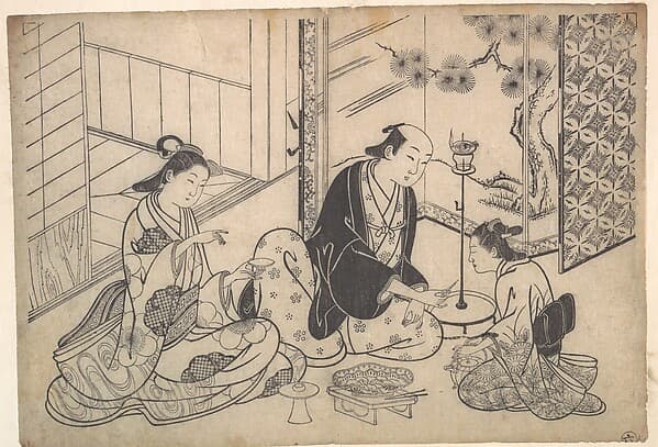 Interior, Three Figures: Sake Party, by Hasegawa Mitsunobu