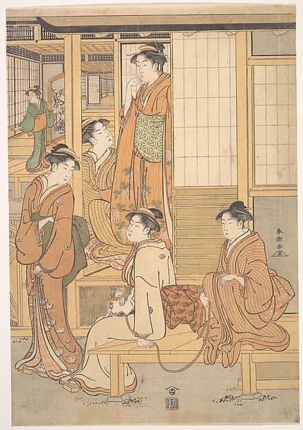Group of Young Women on the Veranda of a Tea House, by Katsukawa Shunchō