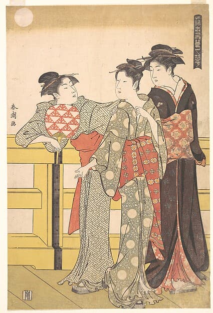 Three Women on a Bridge, by Katsukawa Shunchō