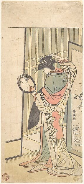 A Courtesan Looking at Her Reflection in a Hand Mirror, by Katsukawa Shun'ei 勝川春英