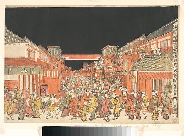Perspective Print (Uki-e) of the Theaters in Sakaichō and Fukiyachō on Opening Night, by Utagawa Toyoharu