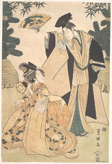 Young Lady with Drum and Man with Fan Saluting Her, by Utagawa Toyokuni I