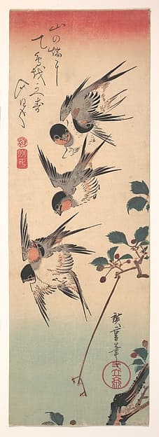 Swallows and Budding Wild Cherry, by Utagawa Hiroshige