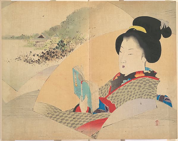 Beauty Looking at Shinobazu Pond, illustration from Bugei Kurabu (Literary Club), by Watanabe Seitei
