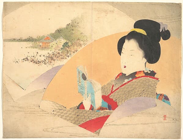 Beauty Looking at Shinobazu Pond", illustration from Bugei Kurabu (Literary Club), by Watanabe Seitei