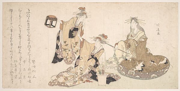 Three Young Ladies Visiting Together, by Teisai Hokuba