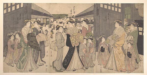 Oiran and Attendants at the Ō Mon or Great Gate of the Yoshiwara, by Chōbunsai Eishi