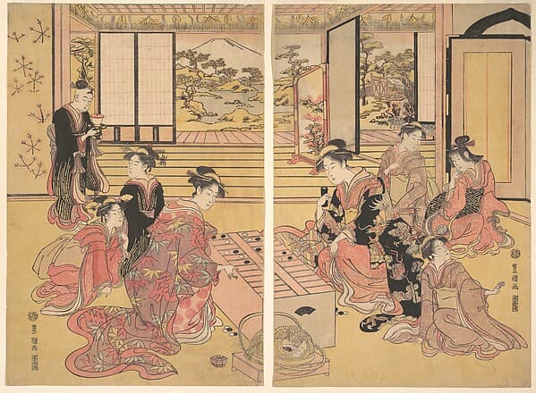 Two Young Women Playing a Game of Sugoroku, by Utagawa Toyokuni I