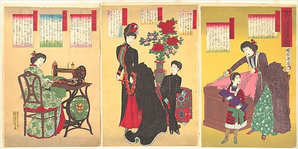 Court Ladies Sewing Western Clothing (Jokan yōfuku saihō no zu), by Yōshū (Hashimoto) Chikanobu