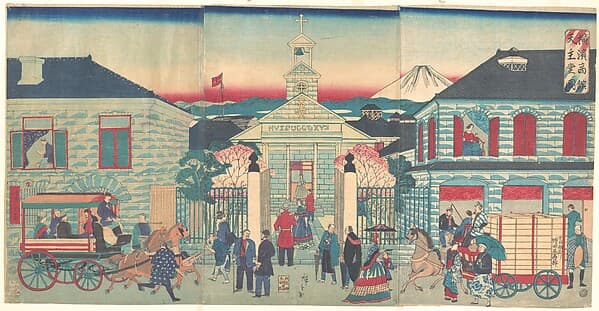 Illustration of Foreign Residences and the Catholic Church in Yokohama (Yokohama shōkan tenshudō no zu), by Utagawa Hiroshige III
