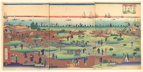 Illustration of the Front Garden of the Tsukiji Hotel in the Eastern Capital (Tōto Tsukiji hoteru kan niwa mae no zu), by Utagawa Hiroshige III