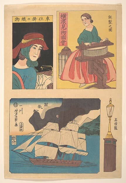 Picture of Sights in Yokohama: Woman with a Ringer, Lamp Post, a Steamboat at Full Sail and a Woman with a Sewing Machine, by Utagawa Yoshikazu