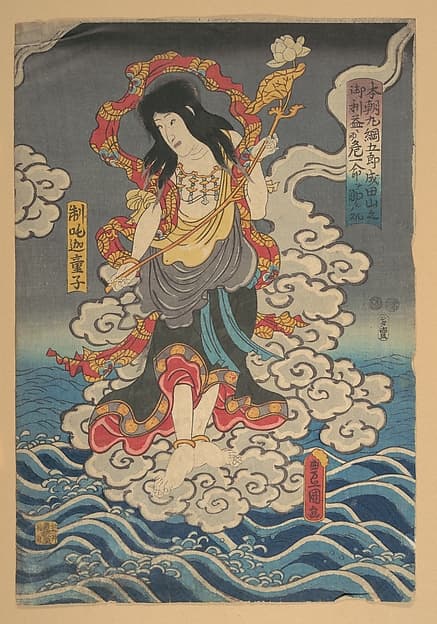Maruami Gorō Saved by Fudō's (Acala) Attendant Seitaka from Narita Shrine, by Utagawa Kunisada