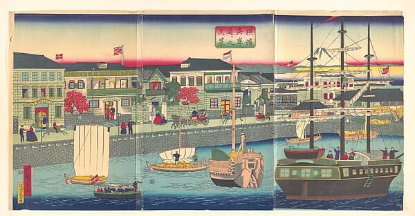 View of the Seafront in Yokohama (Yokohama Kagandori no fūkei), by Utagawa Hiroshige III