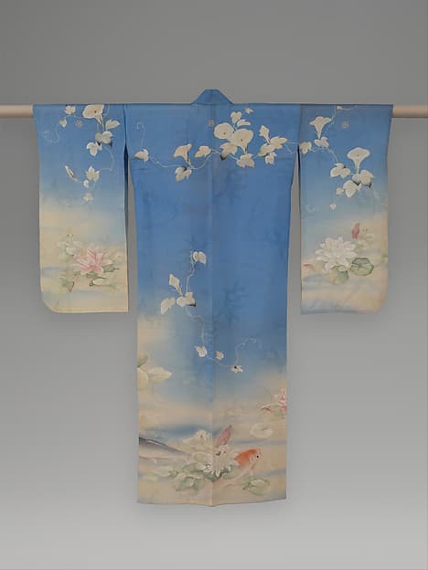 Unlined Summer Kimono (Hito-e) with Carp, Water Lilies, and Morning Glories