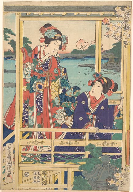 Two Beauties at Spring Garden with a Pond, by Toyohara Kunichika