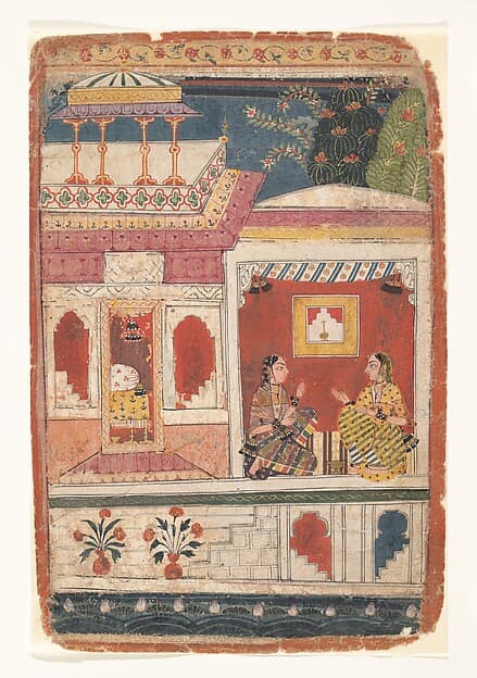 Radha and Her Confidant Sit in an Open Room: Page from a Dispersed Rasikapriya