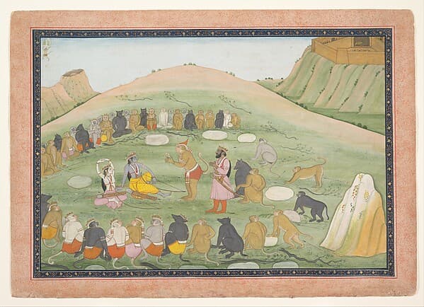 Hanuman Revives Rama and Lakshmana with Medicinal Herbs: Illustrated folio from a dispersed Ramayana series, by Nainsukh