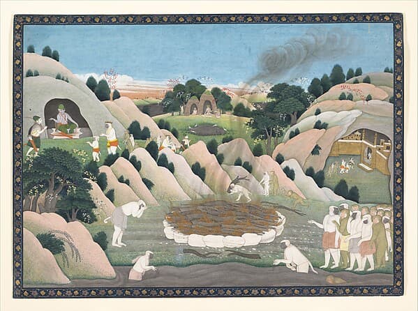 The Monkey King Vali's Funeral Pyre: Illustrated folio from a dispersed Ramayana series, by Nainsukh