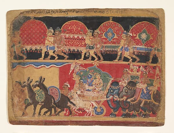 Krishna and the Kshatriya Maidens Proceed to Dvaraka: page from a Bhagavata Purana series, by Sa Nana