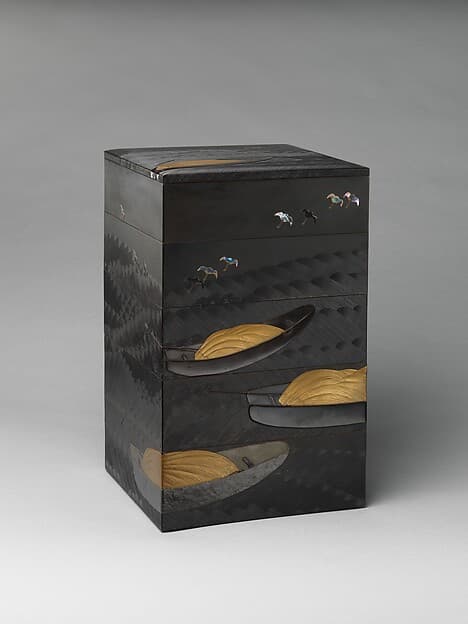 Tiered Box (Jūbako) with Design of Boats and Plovers, by Shibata Zeshin