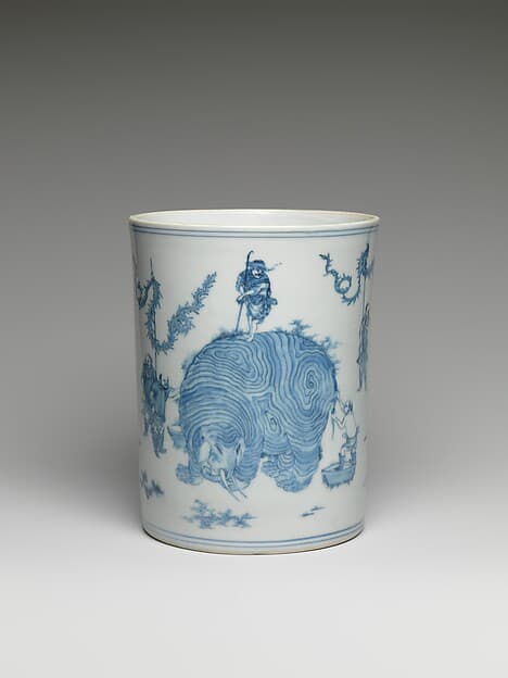Brush Pot with Scene of Washing an Elephant